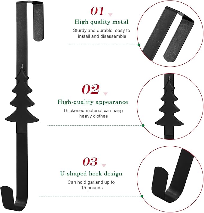 Wreath Hangers for Front Door,15" Sturdy Metal Wreath Doors Hangers,Over The Door Hooks for Front Porch Decor,Garland Hooks Holders for Halloween Christmas Decorations (Black Christmas Tree, 4 Pack)