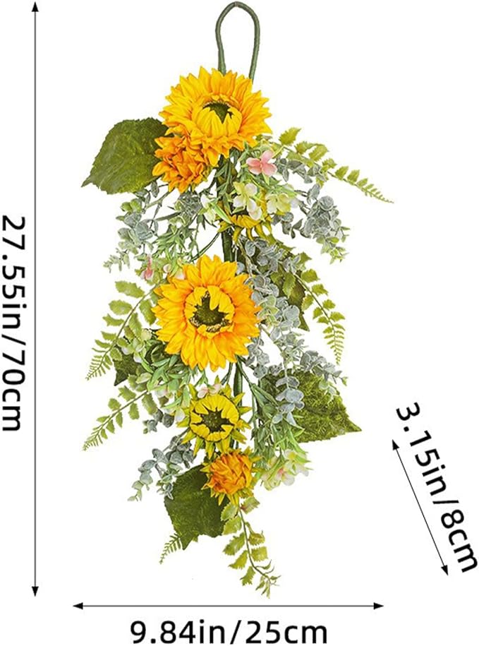 Sunflower Teardrop Swag for Front Door 27.5 Inch Decorative Spring Summer Floral Door Wreath with Yellow Sunflower Spring Summer Greenery Swags Wreath for Wedding Arch Home Party Wall Decor(Yellow)