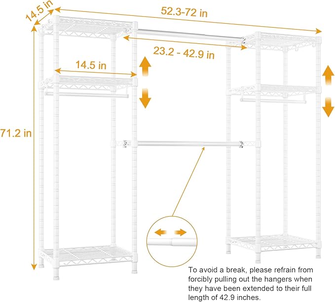 Ulif E7 Heavy Duty Garment Rack, Clothes Organizer and Storage Rack with Expandable Hangers, Metal Clothing Rack with 6 Wire Shelves, (52.3"-72") W x 14.5" D x 71.2" H, Load 838 LBS, White