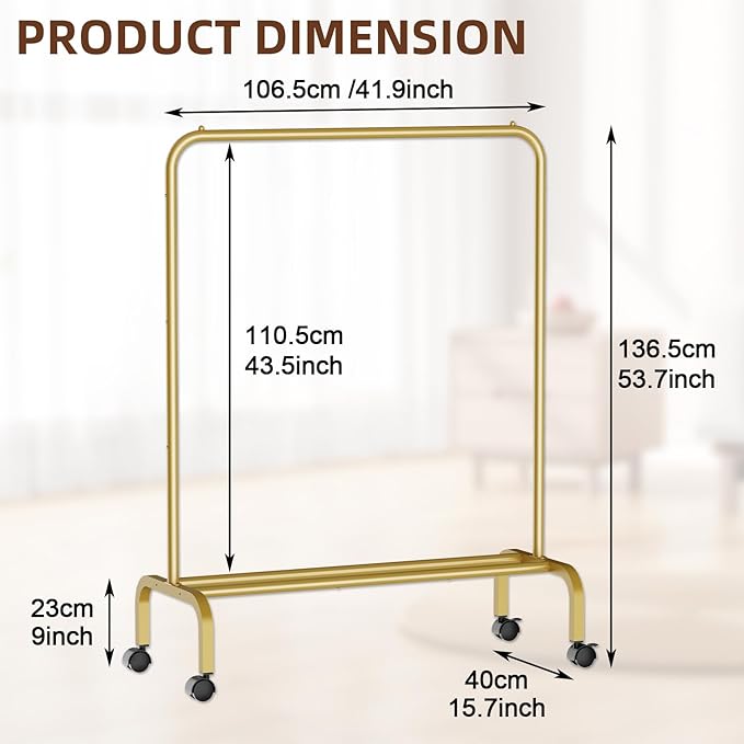 Rolling Clothing Racks for Hanging Clothes, Garment Rack for Clothes to Hang, Metal Portable Wardrobe Rack for Coats, Jackets, Shirts, Dress,Gold