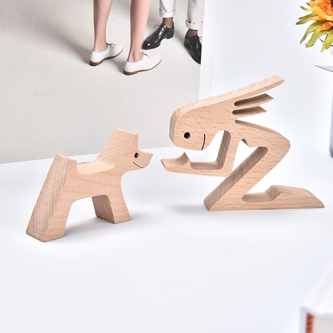 ISHINE Wood Decor Wooden Statue Man and Dog Figurine Handmade Carved Creative Home Office Gift for Men Women Accents Decoration Natural ECO Friendly 7x3 inches (A-Woman Kisses Dog)
