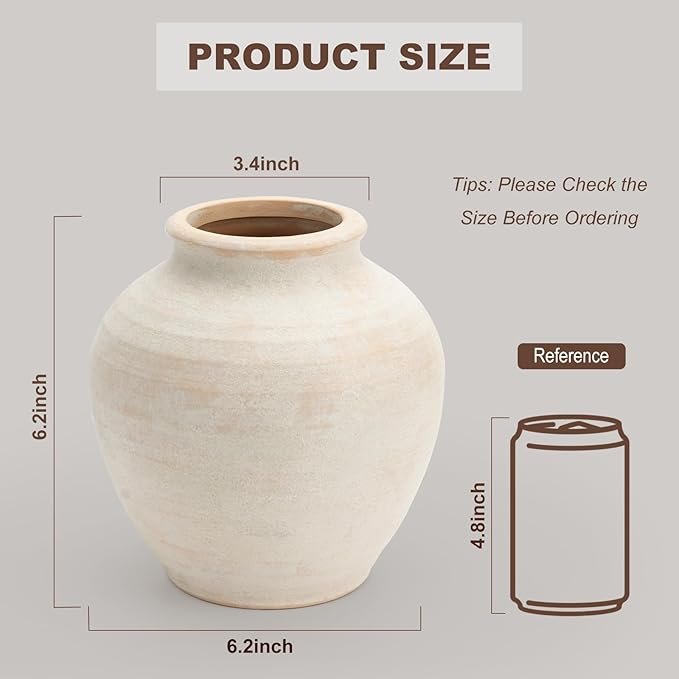 Ceramic Flower Vase Home Decor, 6.2 inch Farmhouse Rustic Vintage Decorative Vases, Pottery Terracotta Boho Flowers Vases for Dining Table, Living Room, Shelf, Kitchen, Bedroom (6.2"-White)