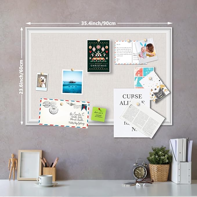 Linen Bulletin Board,Pin Boards for Walls,Fabric Bulletin Board,White Wood Frame Beige Linen,23.6"x35.4",Large Pin Board for Office,Home Kitchen, Vision Cork Board (WH-6090)