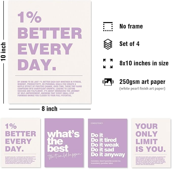 DSHFG Motivational Inspirational Office Wall Art Decor Prints Set of 4, Black Motivational Wall Decor Trendy Retro Posters for Office Home Decor, 8x10 Unframed (Purple)