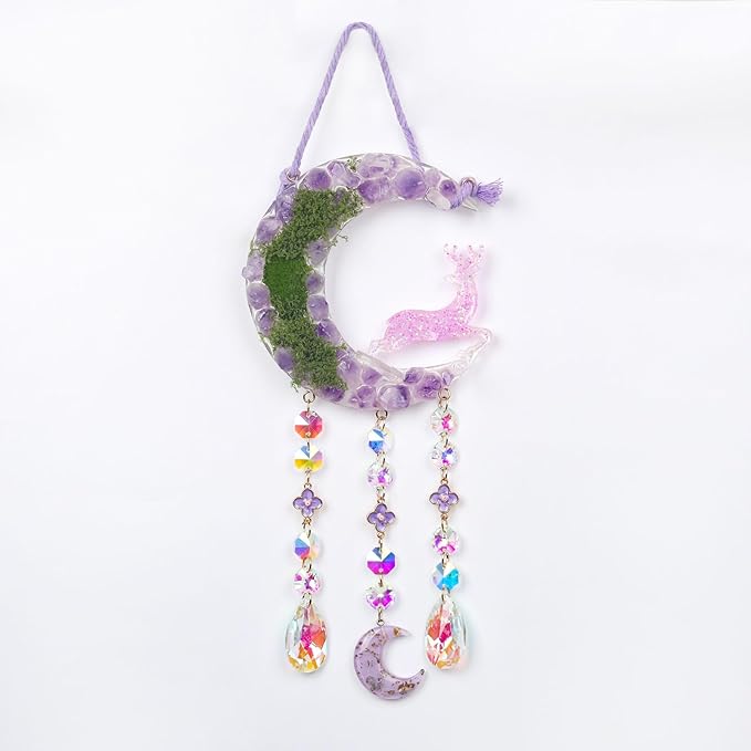 Fairy Purple Forest Deer Crystals Dream Catchers Christmas Gemstone Sun Catcher with Star&Flowers Ornament Handmade Dreamcatcher Wall Decor for Adults Boys Girls Bedroom Wedding Garden Bless Gift