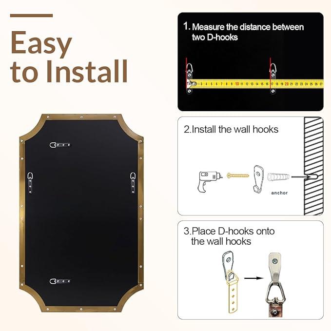 ANDY STAR 30x40 Inch Brushed Gold Mirror, Gold Scalloped Bathroom Mirror, Unique Rectangle Mirror in Never-Rust Stainless Steel Metal Frame, Wall Mount Vertical or Horizontal