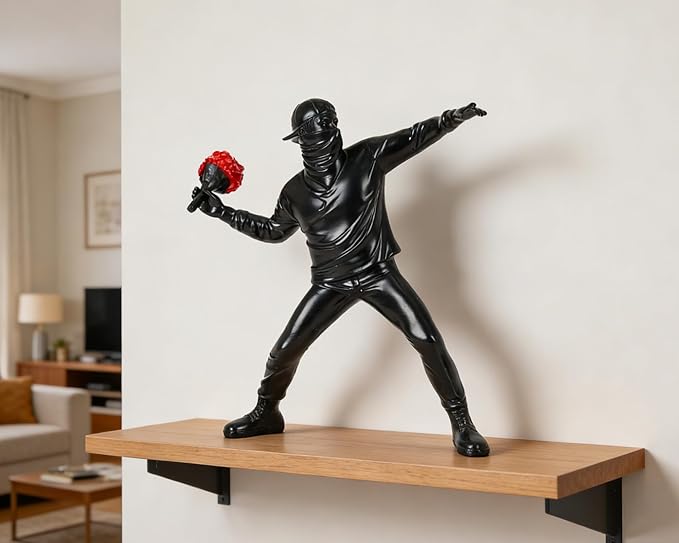 Banksy Flower Thrower Sculpture, 8.5 inch Black Banksy Street Graffiti Art Statue Replica, Inspirational Sculpture Gifts Peace Hope