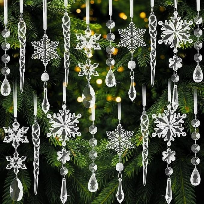 Christmas Tree Decorations 18Pcs(Ready to Hang), Acrylic Crystal Ornaments for Christmas Tree- Hanging Christmas Snowflake Decorations for Xmas Decor, Weddings, Frozen Birthday Parties