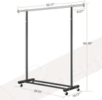Clothes Rack, 130LB Capacity Heavy Duty Clothing Rack with Wheels and Bottom Shelf, 52.17 Inch Rolling Racks for Hanging Clothes, Coats, Shirts, Sweaters, Skirts, Dress, Black
