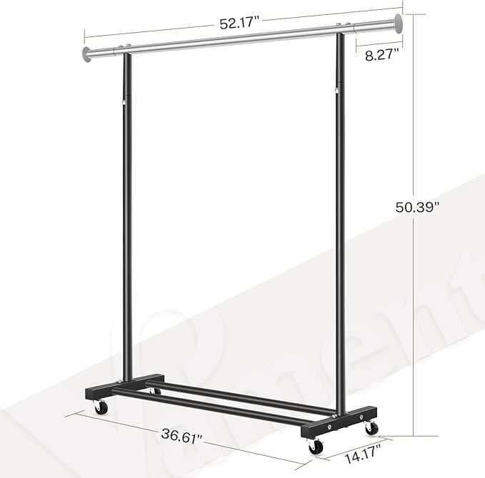 Clothes Rack, 130LB Capacity Heavy Duty Clothing Rack with Wheels and Bottom Shelf, 52.17 Inch Rolling Racks for Hanging Clothes, Coats, Shirts, Sweaters, Skirts, Dress, Black