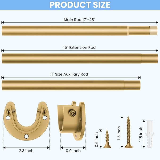 Closet Rods for Hanging Clothes, 17 to 84 Inch Heavy Duty Stepless Adjustable Closet Hanging Rod, 1.3 Inch Diameter Metal Closet Rod for Wardrobes Laundry Bedroom RV, Gold