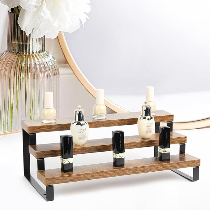 BYCY Wooden Display Risers, 3-Tier Display Stand for Home Decor and Organize, Tiered Countertop Display Shelf for Figures , Makeup,Cupcake , Condiment and Dolls Collection (3 Tier-2.2in)