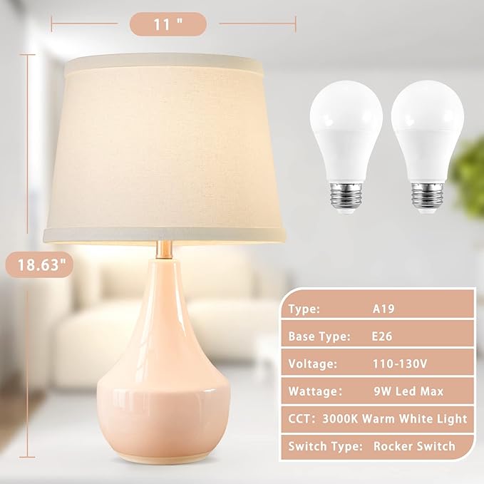 GyroVu 18" Table Lamp Set of 2, Ceramic Lamp Classic Beside Lamps Nightstand Lamp Modern Bedside Lamp for Living Room, Bedroom & Office Rocker Switch Pink-LED Bulbs Included