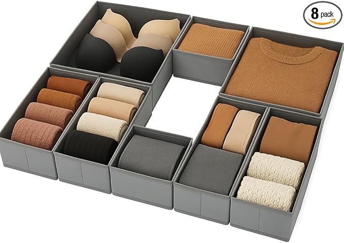 8-Pack Fabric Drawer Organizers – Foldable Closet Storage Bins for Clothes, Underwear, Baby Items & Bras | Dresser Drawer Dividers for Bedroom, Closet & Nursery Organization