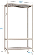 IZEUK Heavy Duty Rolling Garment Rack Wire Clothes Rack for Hanging Clothes (Gold, 3 Tier with 1 Rod, 17.7" D x 33.5" W x 70.3" H)