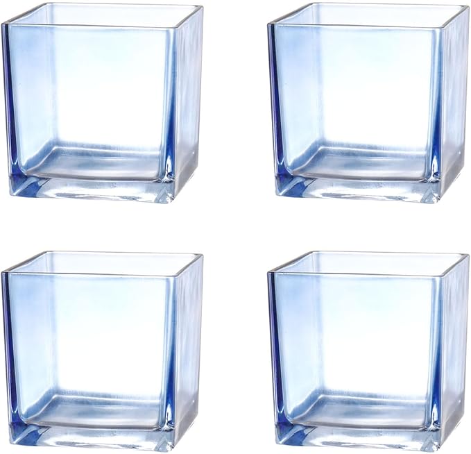 Square Glass Vases Set of 4, 4"x 4"x 4" Flower Vases for Centerpieces, Blue Glass Vase for Flowers, Small Vase for Wedding, Party, Home Office Decoration