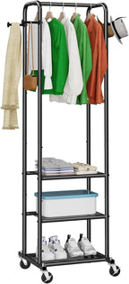 Heavy Duty Clothing Rack with Wheels, Modern Garment Rack with 3 Metal Shelves, Black