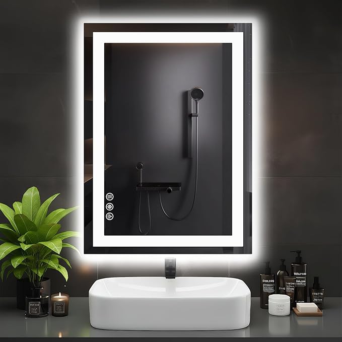 DUMOS 24.1"x32.1" LED Bathroom Mirror, Smart Anti-Fog Bathroom Vanity Mirror with Front Light & Backlit, 3 Color Temperatures, Dimmable, Memory Function