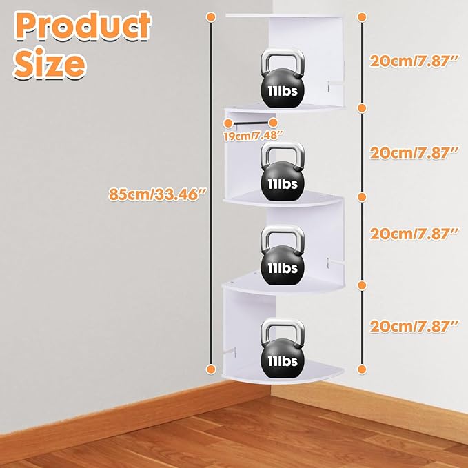 ShellKingdom Corner Shelf Wall Mount, 5 Tier Corner Bookshelf, Floating Display Shelves for Home, Living Room, Bedroom, Office, Bathroom, Small Spaces Decorations, 7.87 X 7.87 X 33.46 INCHES (White)