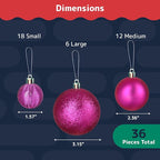 Prextex 36-Pieces Fuchsia Pink Christmas Ornaments Set - Shatterproof, Festive Christmas Balls Decorations in 3 Sizes and 6 Styles with Hanging Loops for Tree, Wreath, and Dazzling Holiday Party Decor