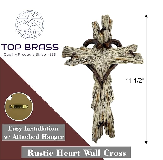 Rustic Wood-Look Resin Wall Cross with Barbed Wire & Nail Heart Accents – 11 ½” Christian Farmhouse Wall Décor, Inspirational Religious Gift (Whitewash)