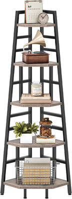 CHOEZON 70.1-Inch 5-Tier Tall Corner Shelf, Narrow Bookshelf for Small Spaces, Industrial Bookcase Display Stand for Living Room, Bedroom, Office, Greige TCJ25BG
