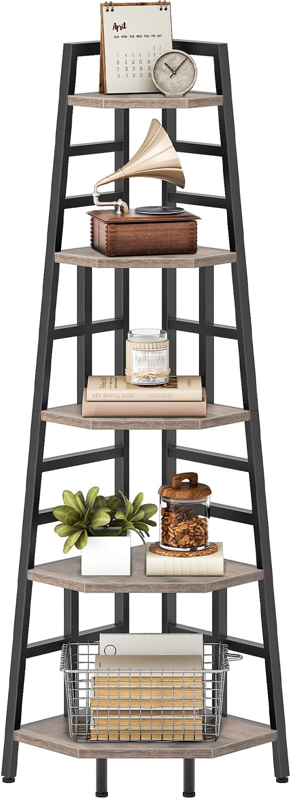 CHOEZON 70.1-Inch 5-Tier Tall Corner Shelf, Narrow Bookshelf for Small Spaces, Industrial Bookcase Display Stand for Living Room, Bedroom, Office, Greige TCJ25BG
