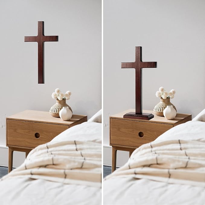 KUXBET Wooden Wall Cross with Stand for Hanging or Standing 12.5 Inch Jesus Christ Catholic Wood Crafted Cross for Wall Decoration Table Home Decor