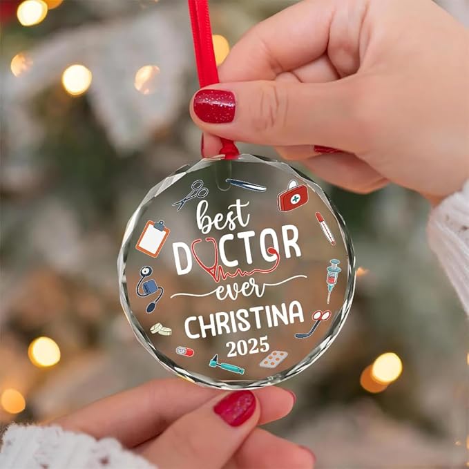 BSQUIELE Personalized Best Doctor Ever Glass Ornament 2025 - Dr, PhD, EDD Ornaments - Gift for Men Women Surgeon - Appreciation Xmas Tree Hanging Decoration for Medical Professionals