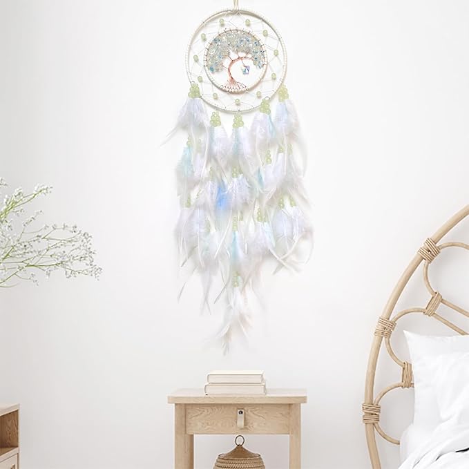 White Dream Catcher Wall Decor Crystal Tree of Life Dream Catchers with Luminous Bead Handmade Feather Dreamcatcher Wall Hanging Ornament for Bedroom Living Room Home Decor