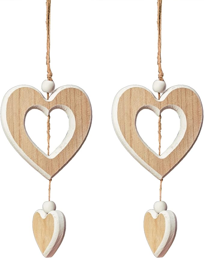Sun&Beam Heart-Shaped Wooden Decorative 2Pcs Hanging Handmade Hearts Ornaments for Wedding Party Valentine Christmas Home Decoration Car Décor (K-#5, 2Pcs)