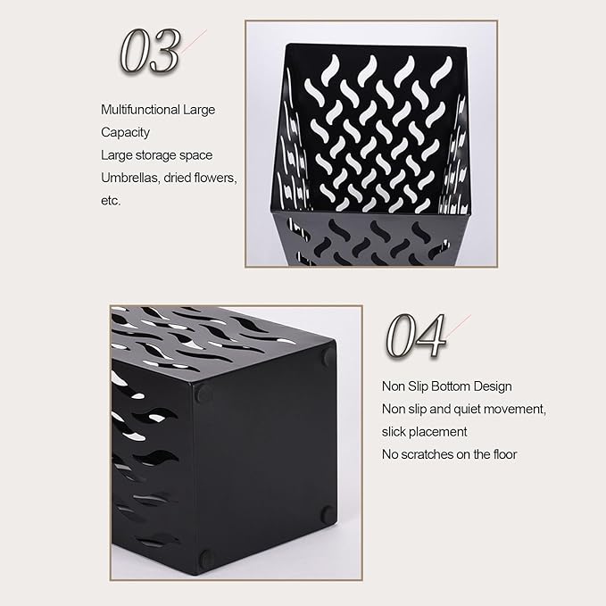 Umbrella Organizer, Multifunctional Umbrella Holder, Hollow Pattern Design Square Shape Umbrella Stand Rack, Metal Umbrella Basket Holder Stand for Home Hotel (Black)