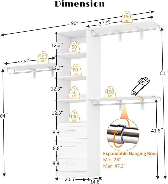 Dilando Closet Organizer System with Drawers, 5FT - 8FT Closet Shelving System 96" Walk in Wood Corner Closet Storage System with 4 Shelves Custom Hanging Rods Heavy Duty Wall Mount, White
