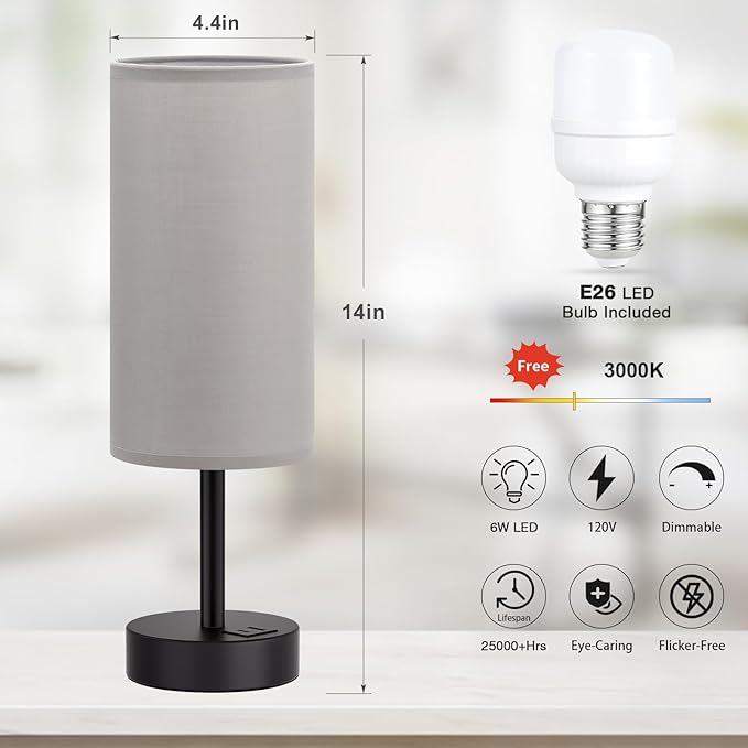 Dicoool Grey Touch Bedside Lamp with USB - 3 Way Dimmable Table Lamp for Bedroom, Nightstand Lamp with Black Charging Station for Desk Dorm, Office, Boy Kids Room, Small