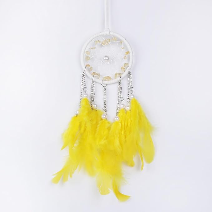 Pretty Jolly Crystal Stone Small Dream Catchers Yellow Feathers Mini Dreamcatchers with Beads for Cars Rear View Mirror Hanging Decoration Good Luck Travel Charm Bedroom Ornaments for Women Girls