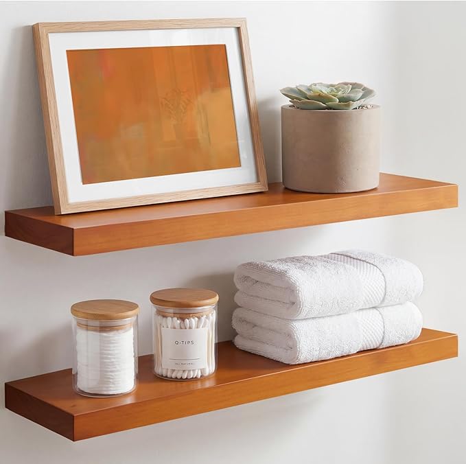 Homeforia 24inch Oak Floating Shelf for Wall, High End Solid Real Wood 24 inches Long Floating Shelves for Bathroom, Honey Oak Wooden Floating Shelves, Heavy Duty Bracket, 24 X 6.5 X 1.75 in, Set of 2