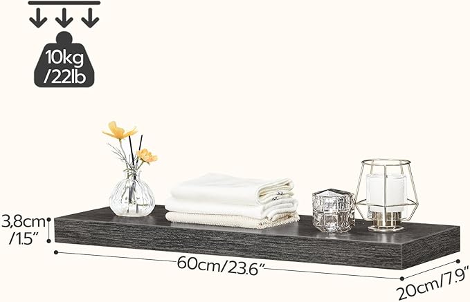 HOOBRO Floating Shelves for Wall, Wall Mounted Shelf Set of 2, 23.6" Hanging Shelf with Invisible Brackets, for Wall Decor Storage in Bathroom Bedroom Kitchen Livingroom Office, Charcoal Gray BC60BJ01