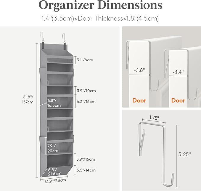 Lifewit 1 Pack Over the Door Organizer, Clear Window Hanging Storage with 4 Side Pockets, Anti Tilt 40 lbs Load Behind Door for Pantry, Nursery, Bathroom, Bedroom, Dorm, 6 Section, Light Gray