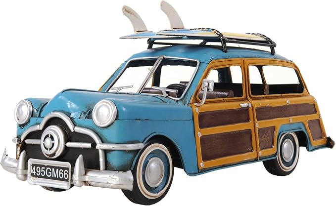 HomeRoots 6" Blue and Yellow Metal Hand Painted Decorative Car