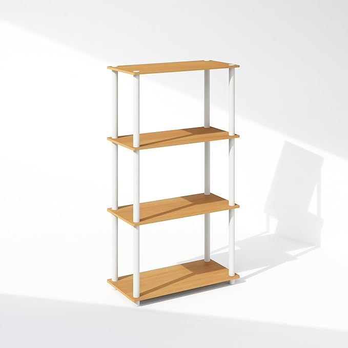 Furinno Turn-N-Tube Book Shelf, 4-Tier Bookshelf, Bookcase with Multipurpose Compact Display Rack, 11.6 x 23.6 x 43.2, for Living Room, Bedroom, Home Office, Beech/White