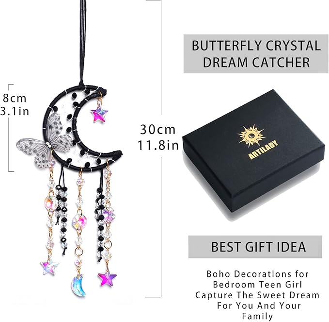 Artilady Dream Catcher for Girls - Butterfly Small Black Dream Catchers with Crystals Cute Room Decor for Teen Girls Boys Boho Bedroom Wall Home Decorations Birthday Christmas Women Gifts