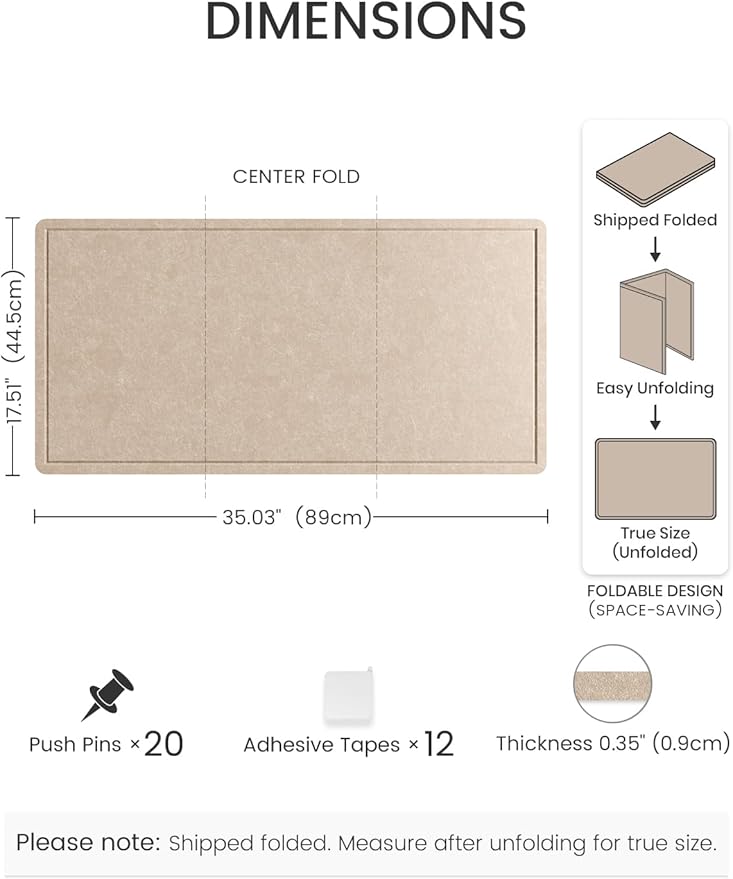 Fluxynara Bulletin Board, 35" x 17.5" Cork Board Alternative with 12 Safe Removable Adhesive Tabs, Foldable Felt Pin Board for Home Office, Classroom, Bedroom,Entryway for Walls—Taupe
