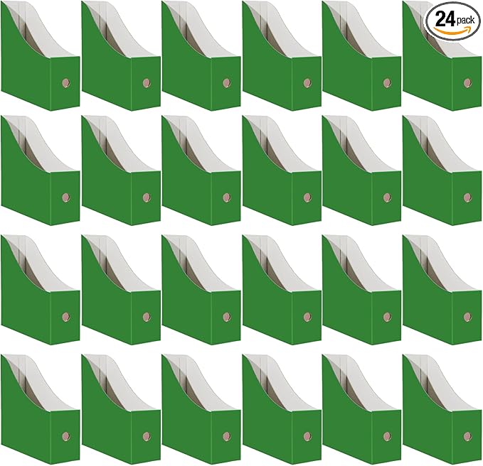 Limitliho Cardboard Magazine Holder (24 Pack), Sturdy Book Bins for Classroom, Vertical File Folder Organizer, 10.6'' 10.2'' 3.5'' Inch Magazine Rack (Green, 24 Pack)
