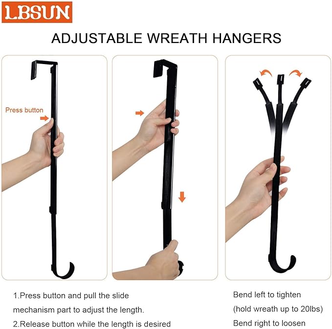 Wreath Hanger, Adjustable Over The Door Wreath Hanger from 14.9 to 25 Inches & Wreath Holder & Wreath Door Hanger for Front Door Decor 20 lbs Larger Christmas Decorations Hook (Black)