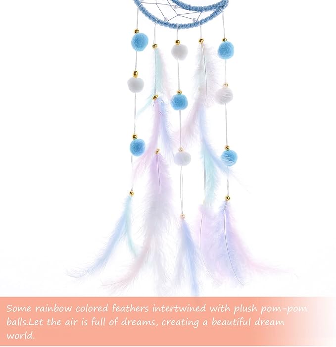 Pretty Jolly Blue Moon Kids Dream Catcher Wall Decor Pompom Feather Baby Dreamcatcher Handmade Children Dream Catcher Home Décor Wall Hanging for Nursery Bedroom Boys Girls Birthday Gift-25.6in