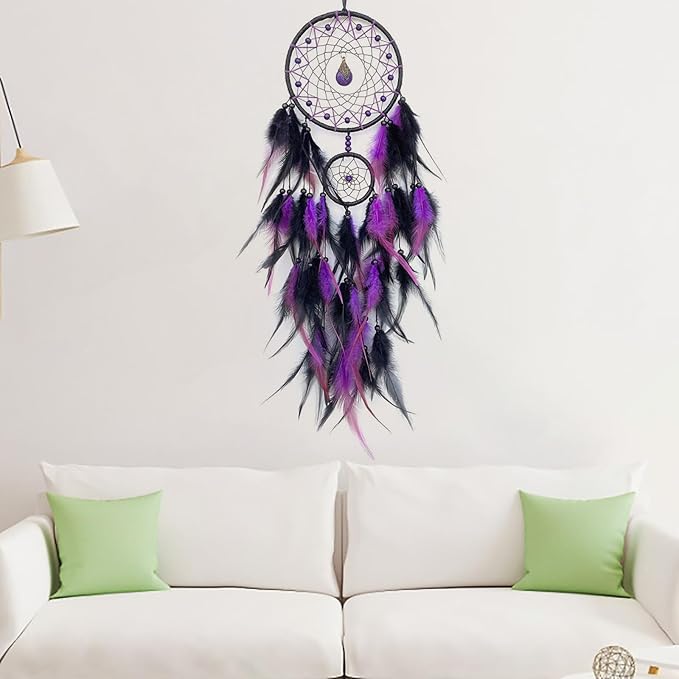 Black and Purple Dream Catcher Wall Decor Feather Dream Catchers with Pendant Handmade Dreamcatcher Wall Hanging Ornament for Bedroom Living Room Home Decor