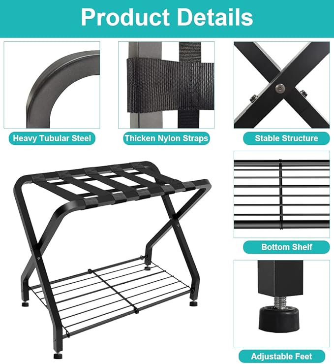 Folding Luggage Rack with 2-tiers Storage Shelf, Foldable Steel Frame Luggage Organizers for Suitcase, Metal Luggage Holder for Guest room, Bedroom, Hotel, Closet, Black, 1pack