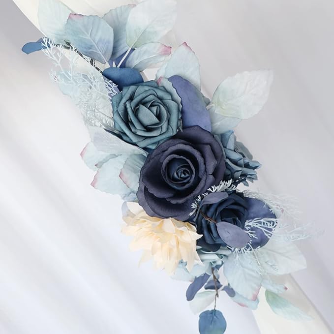 Blue Wedding Arch Flowers Set of 2, Artificial Flower Swag Floral Dusty Decor, Rustic Eucalyptus Greenery for Ceremony Sign Chair, S: 50 x 20cm, L: 70 50cm