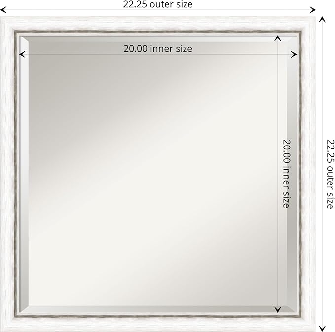 Amanti Art White Wall Mirror 22x22 Morgan White Silver Square Bathroom Mirror for Wall Decor Living Room, Medium Modern Wood Frame, Hangs Horizonally and Vertically, Bathroom Decor, Beveled Edge