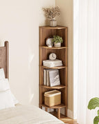 Corner Shelf, 5 Tier Corner Bookshelf, Display Corner Shelf Stand with Storage Rack, Wall Corner Bookshelf for Living Room, Bedroom, Office, Walnut